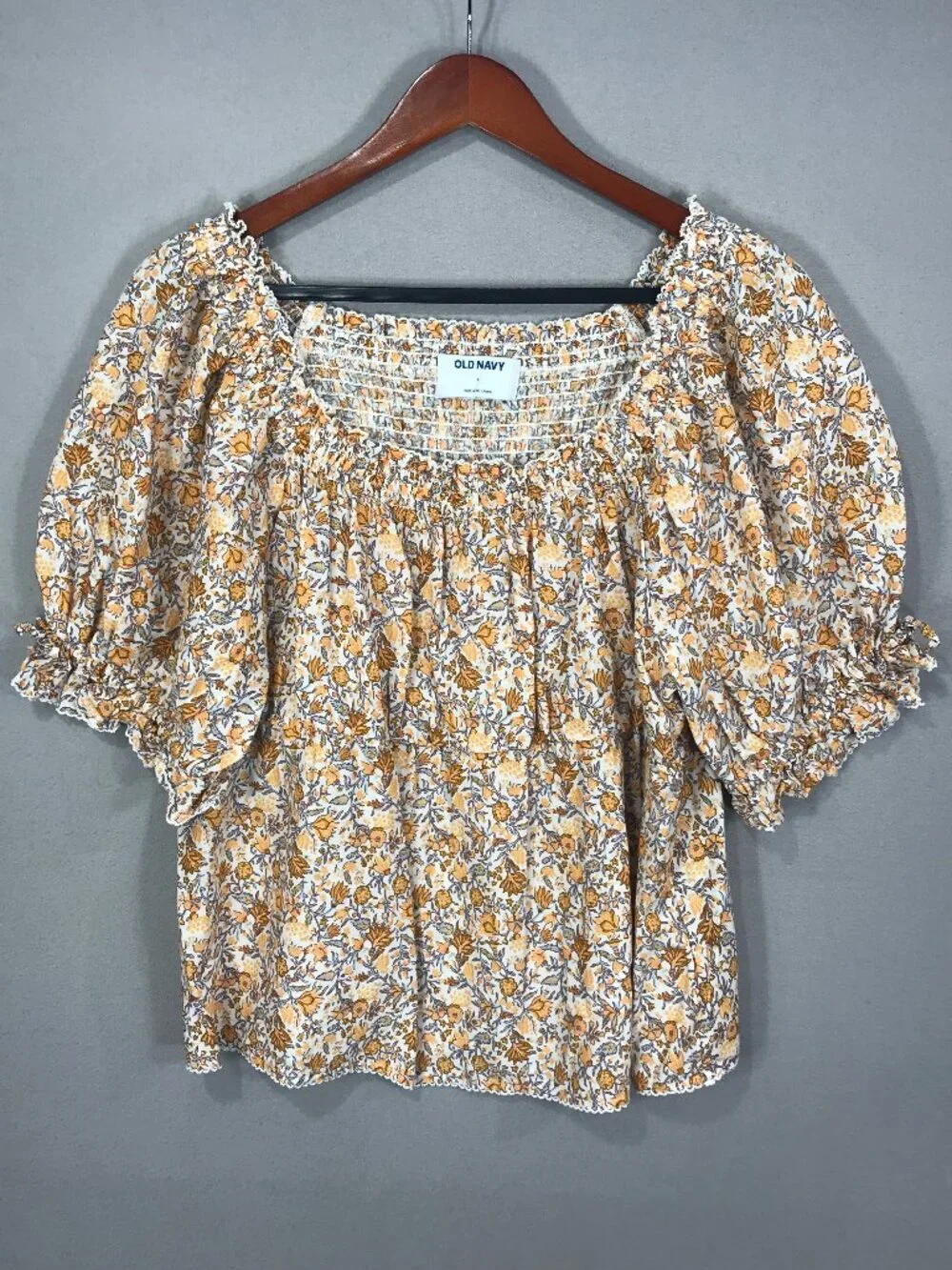 Old Navy Top Womens Large Brown Floral Babydoll Blouse Scoop Smocked Puff Sleeve